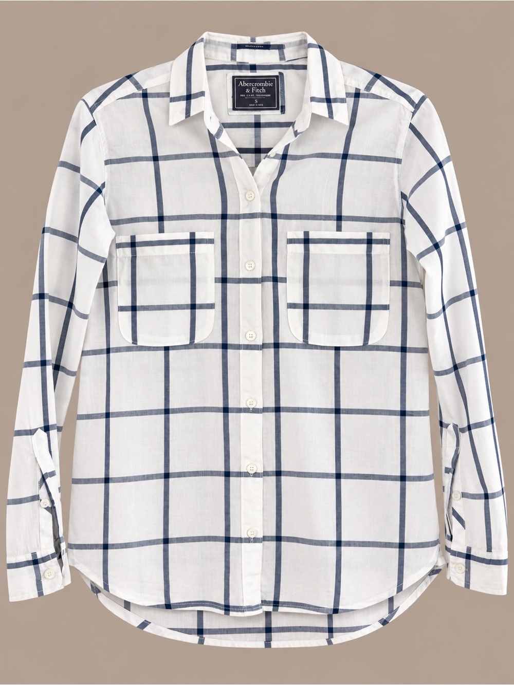 Abercrombie & Fitch White Button-Down Shirt with Navy Windowpane Plaid